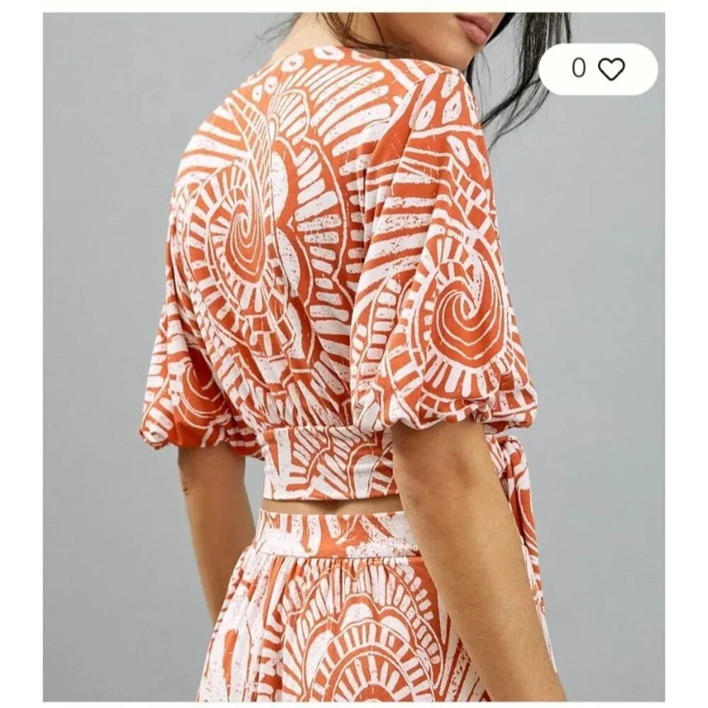 Anthropologie Bodi Blouse Sz M Faux Wrap Tie Cropped Orange Boho Short Sleeve